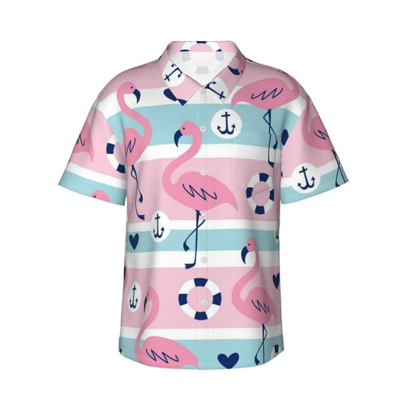 Easygdp Pink Striped Flamingo Men's Hawaiian Shirts Print Lapel Short Sleeve for Beach, vacation, party, casual occasions - XX-Large