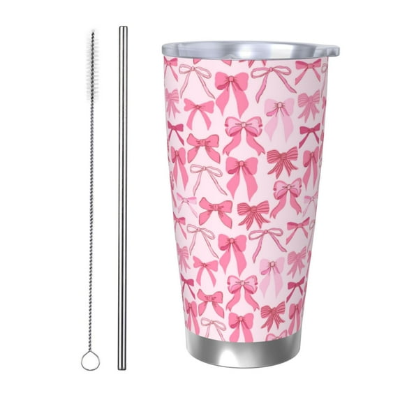 Easygdp Pink bows Print 20oz Stainless Steel Vacuum Insulated Double Wall Travel Tumbler, Durable Insulated Coffee Mug with Spillproof Lid-Straw Two-piece Set