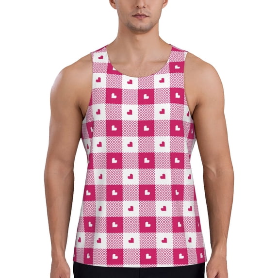 Easygdp Plaid Heart Men's Tank Top, Sleeveless Muscle T Shirts, Breathable, Quick-Dry, Loose for Gym, Running, Fitness - Small