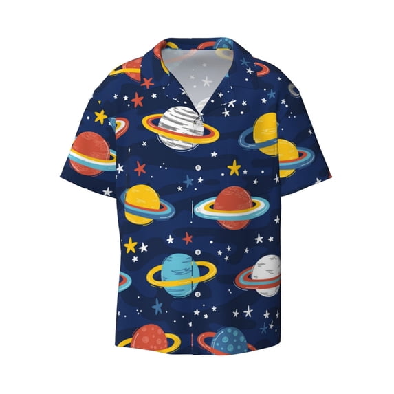 Easygdp Planets and Stars Men's Casual Short-sleeved Shirt with Pocket and Button Suitable for Beach Vacation Leisure - 4X-Large