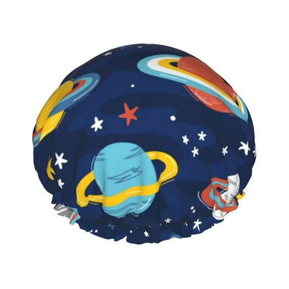 Easygdp Planets and Stars Shower Caps for Women, Double Waterproof Layers Shower Cap, Quick Drying Bath Hair Cap Reusable