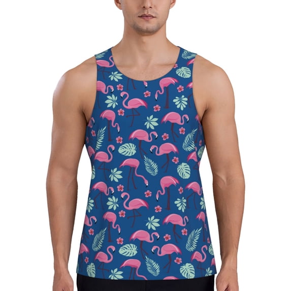 Easygdp Plants And Flamingos Men's Tank Top, Sleeveless Muscle T Shirts, Breathable, Quick-Dry, Loose for Gym, Running, Fitness - Medium
