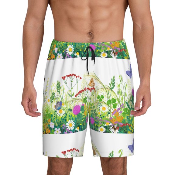 Easygdp Plants and Insects Men's Short Pajama Pants, Sleep Shorts, Household Pants, Casual Pants with Pockets - 4X-Large