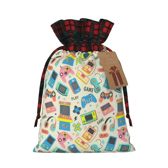 Easygdp Playing Video Games Fabric Gift Bags for Christmas Presents - Christmas Bags, Christmas Gift Bags for Presents, Christmas Gift Wrap-Black