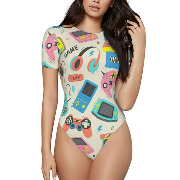 Easygdp Playing Video Games Women's One-Piece Swimsuit Slim Fit Crew Neck Bodysuit Athletic Swimwear with Concealed Buckle - Small