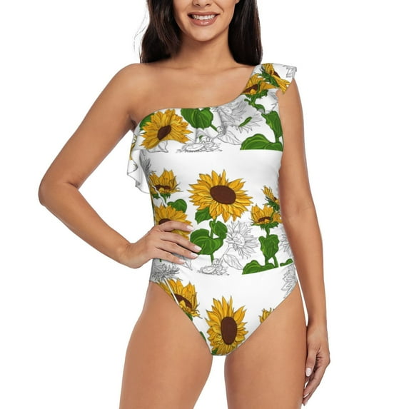 Easygdp Plump Sunflower And Sketch Women's One Shoulder Ruffle Monokini Bathing Suits with Removable Chest Pad, Quick Drying - XX-Large