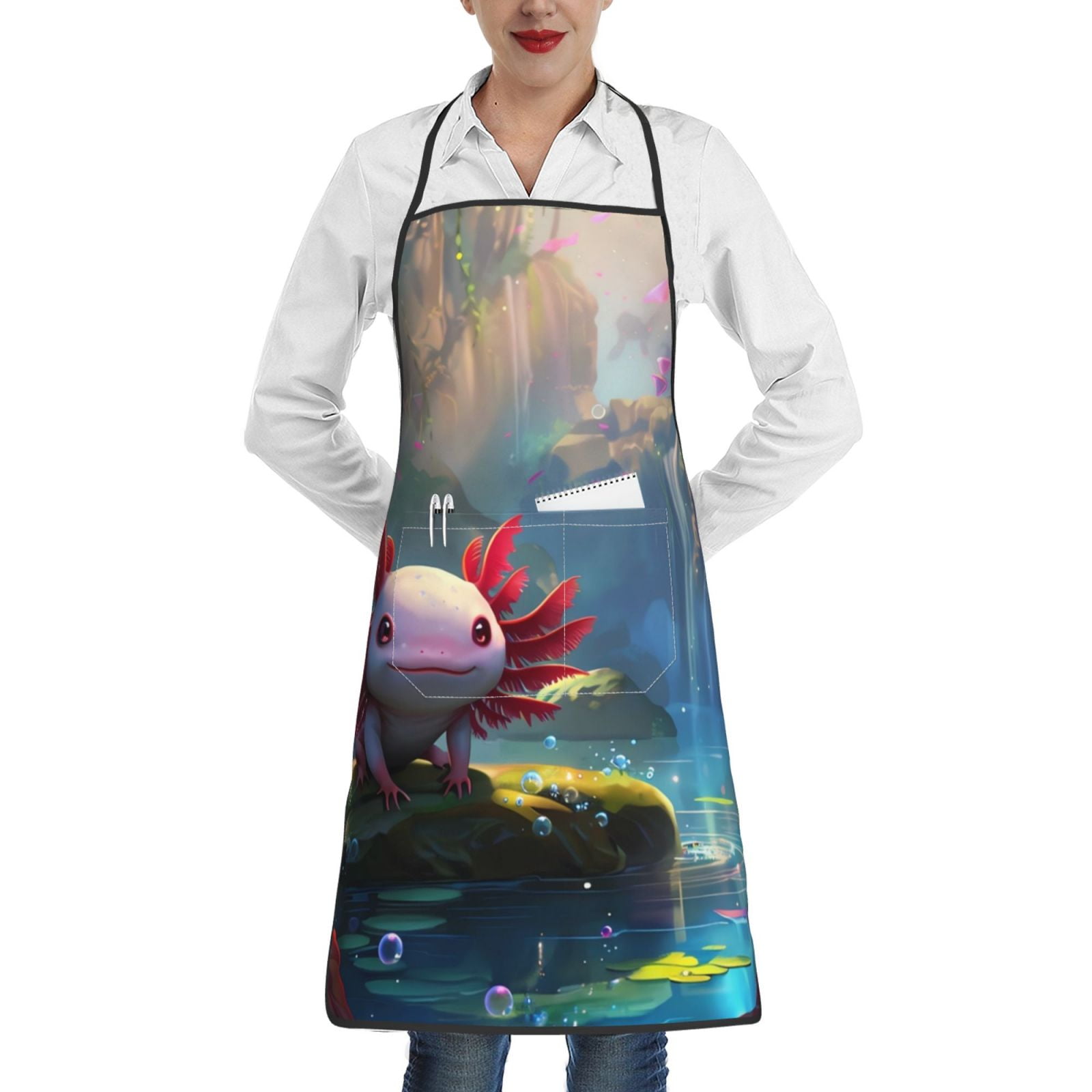 Easygdp Pond Cute Axolotl Apron Waterdrop Resistant with 2 Pockets,Oil ...