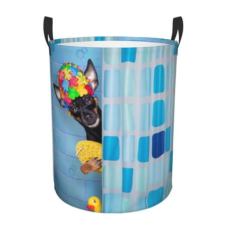 Easygdp Prague Ratter Dog in Bathtub Large Dirty Clothes Hamper, Lightweight Storage Basket, Household Laundry Bag with Handle - Small