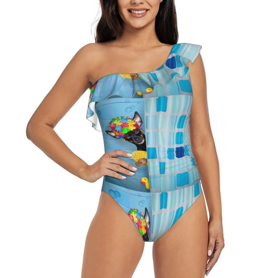 Easygdp Prague Ratter Dog in Bathtub Women's One Shoulder Ruffle Monokini Bathing Suits with Removable Chest Pad, Quick Drying - X-Large