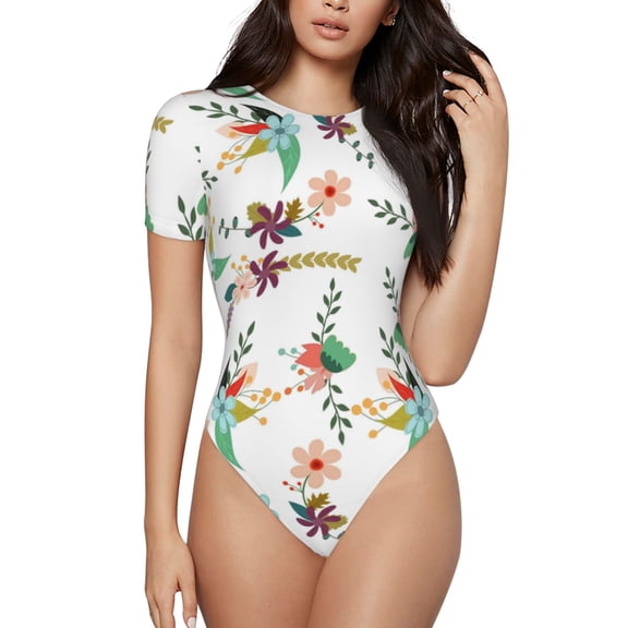 Easygdp Pretty Floral With Leaves Women's One-Piece Swimsuit Slim Fit Crew Neck Bodysuit Athletic Swimwear with Concealed Buckle - XX-Large