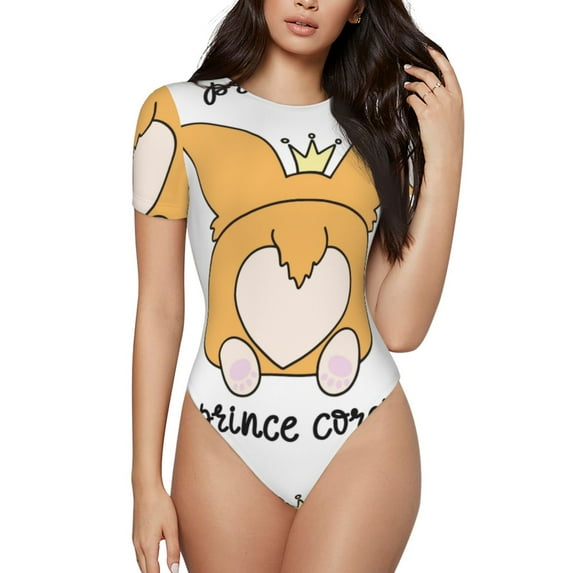 Easygdp Prince Corgi Dog Women'S Waist-Cinching Short-Sleeved Onesie, Olastic Onesiet,Snaps At Bottom,Easy To Put On And Take Off - Small