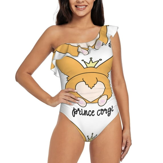Easygdp Prince Corgi Dog Women's One Shoulder Ruffle Monokini Bathing Suits with Removable Chest Pad, Quick Drying - Large