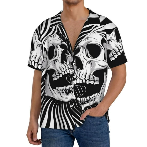 Easygdp Psychedelic Skull Illusion Art Mens Short Sleeve Button Down,Cuban Shirts for Men,Men's Casual Short-Sleeved Shirt-X-Large