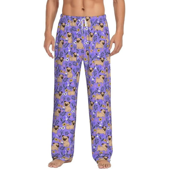 Easygdp Pugs and Flowers Men's Pajama Pant, Sleep Elastic Waistband Lounge Pants - Large