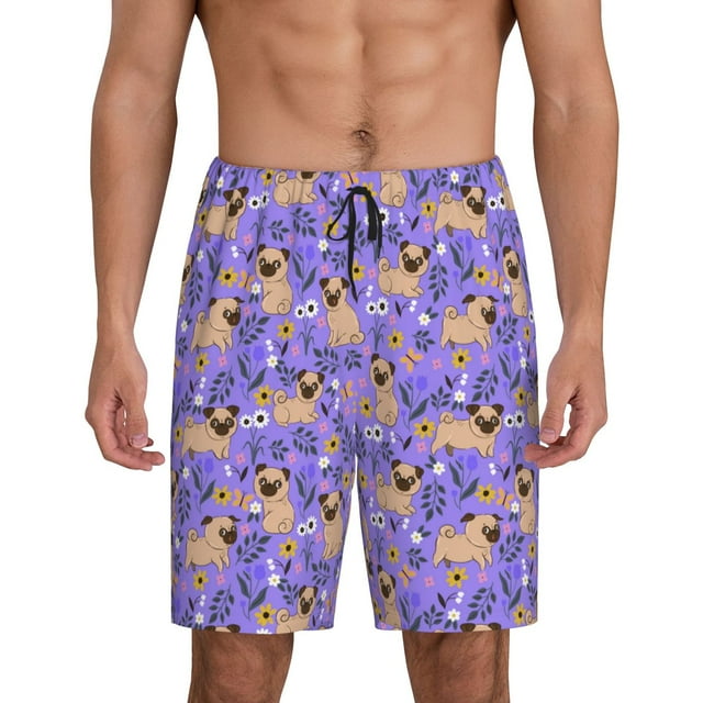 Easygdp Pugs and Flowers Men's Short Pajama Pants, Sleep Shorts, Household Pants, Casual Pants