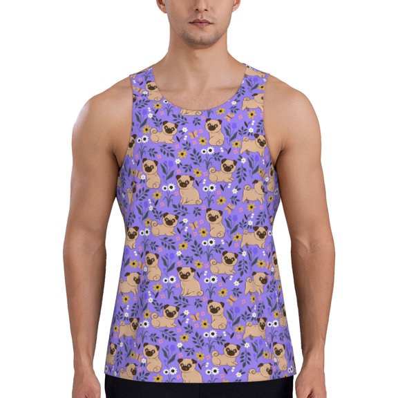 Easygdp Pugs and Flowers Men's Tank Top, Sleeveless Muscle T Shirts, Breathable, Quick-Dry, Loose for Gym, Running, Fitness - 4X-Large