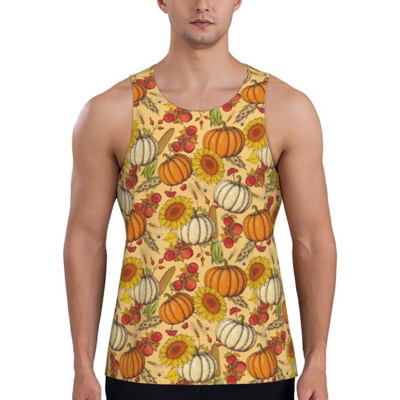 Easygdp Pumpkin And Sunflower Men's Tank Top, Sleeveless Muscle T Shirts, Breathable, Quick-Dry, Loose for Gym, Running, Fitness - X-Large