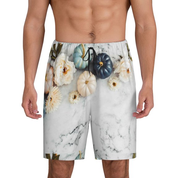 Easygdp Pumpkin And White Marble Men's Short Pajama Pants, Sleep Shorts, Household Pants, Casual Pants with Pockets - Small
