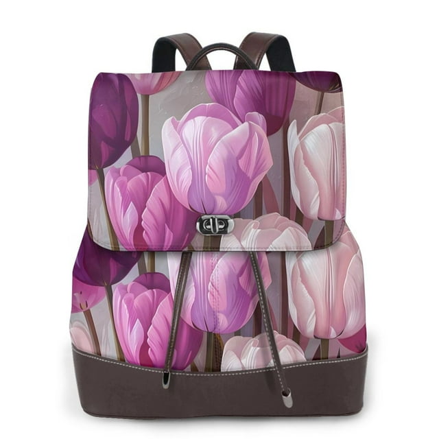 Easygdp Purple And Pink Tulip Bouquet Leather Backpack Purse Ladies