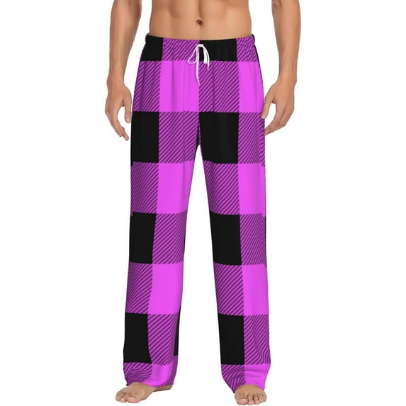 Easygdp Purple Black Buffalo Plaid Men's Pajama Pant, Sleep Elastic Waistband Lounge Pants - XX-Large