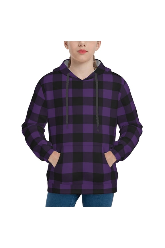 Purple Black Plaid Boys Hoodie Kids Sweatshirt Youth Pullover With Hood-Large