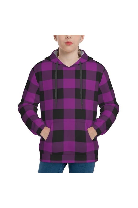 Purple Black Plaid Boys Hoodie Kids Sweatshirt Youth Pullover With Hood-Large