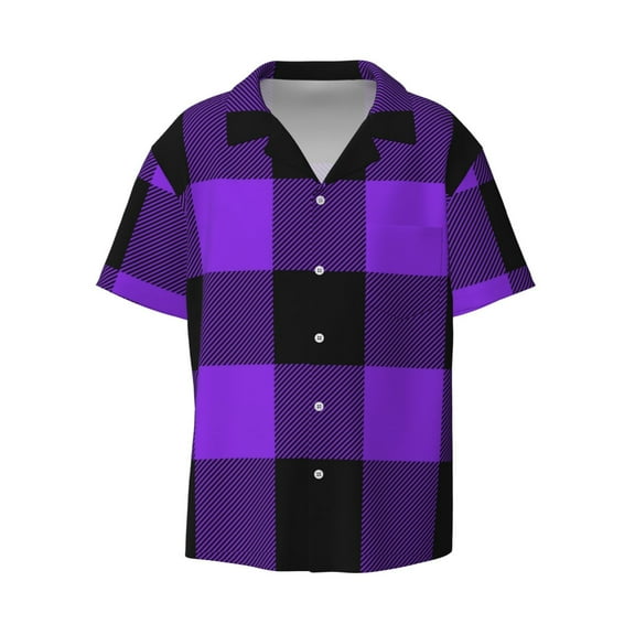 Easygdp Purple Buffalo Plaid Men's Casual Short-sleeved Shirt with Pocket and Button Suitable for Beach Vacation Leisure - X-Large
