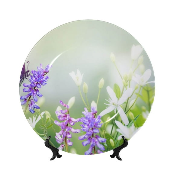 Easygdp Purple Butterfly On Wild Bone China Decorative Plate Ceramic Dinner Plates Art Crafts with Display Stand-6in