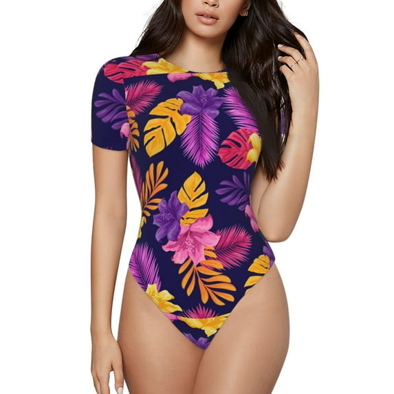 Easygdp Purple Flower Women's One-Piece Swimsuit Slim Fit Crew Neck Bodysuit Athletic Swimwear with Concealed Buckle - Small