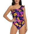 thumbnail image 1 of Easygdp Purple Flower Women's One Shoulder Ruffle Monokini Bathing Suits with Removable Chest Pad, Quick Drying - Small, 1 of 8
