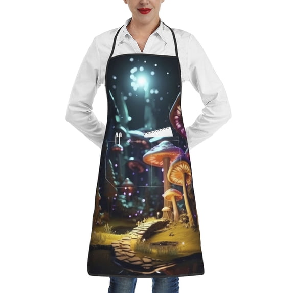Easygdp Purple Glowing Mushroom Apron Waterdrop Resistant with 2 Pockets,Oil Resistant Cooking Kitchen Chef Apron for Women Men