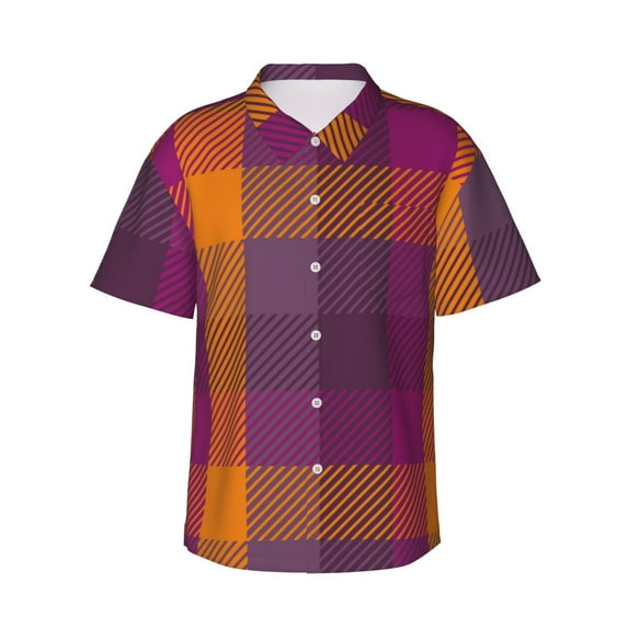 Easygdp Purple Yellow Buffalo Plaid Men's Hawaiian Shirts Print Lapel Short Sleeve for Beach, vacation, party, casual occasions - Large