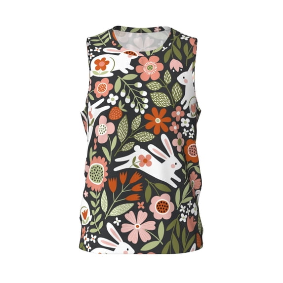 Easygdp Rabbits on Floral Men's Mesh Basketball Jersey Quick Drying Sleeveless Shirts Fitted Muscle Tank Tops Sport Round Neck T-Shirt - 4X-Large