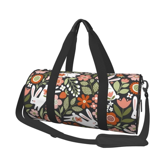 Easygdp Rabbits on Floral Travel Bag, Camping, Weekend, Carry On Overnight Duffel Bag with Shoulder Strap