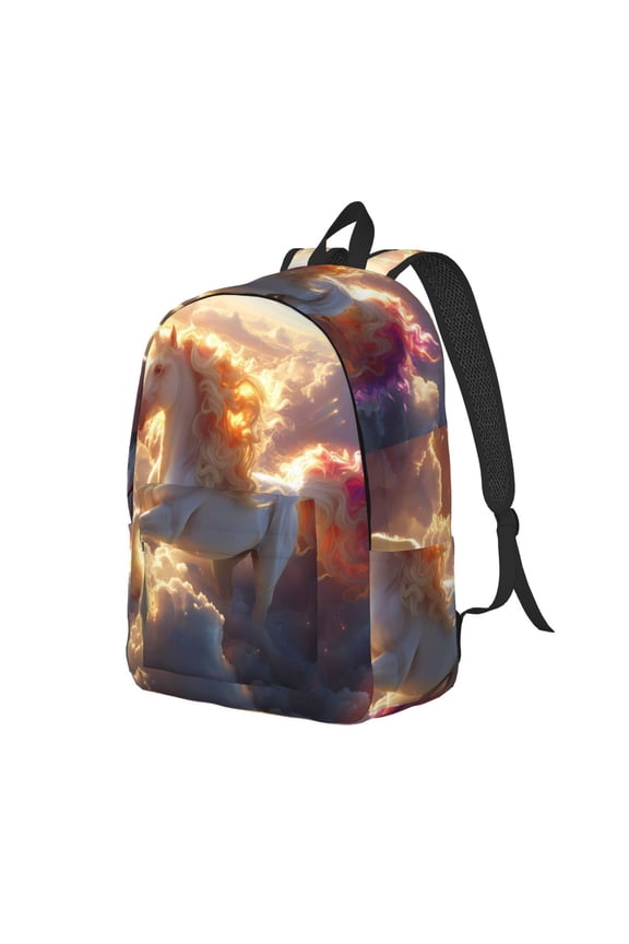 Rainbow Cloud White Horse Durable Canvas Laptop Backpack,Water-Resistant,Adjustable Shoulder Strap,Large Capacity,Lightweight, Fits 15-17in Laptops for School,Work,Travel-Medium