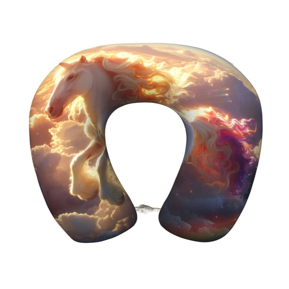 Easygdp Rainbow Cloud White Horse Travel Pillow Memory Foam, Head Neck Support Airplane Pillow for Traveling, Car, Home, Travel Neck Flight Pillow