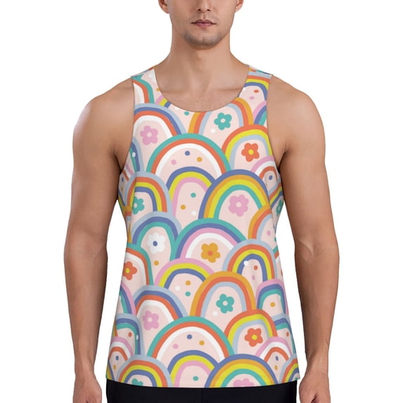 Easygdp Rainbow Flowers Men's Tank Top, Sleeveless Muscle T Shirts, Breathable, Quick-Dry, Loose for Gym, Running, Fitness - 3X-Large