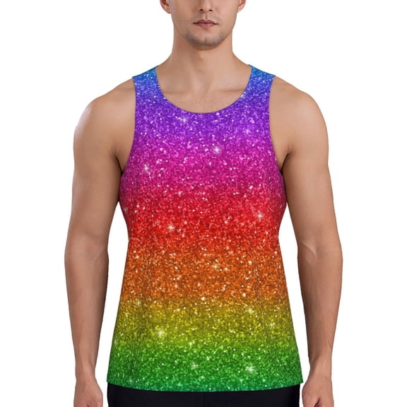 Easygdp Rainbow Glitter Men's Tank Top, Sleeveless Muscle T Shirts, Breathable, Quick-Dry, Loose for Gym, Running, Fitness - Large