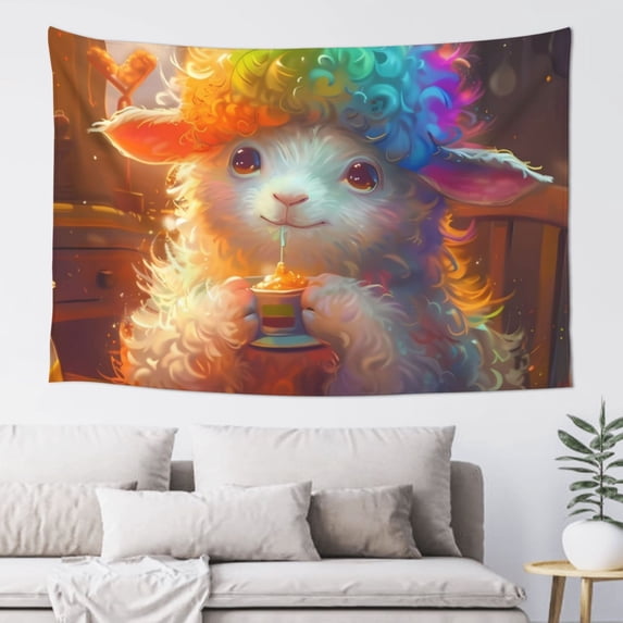 Easygdp Rainbow Lamb Breakfast Tapestry Wall Hanging, Wall Tapestries for Bedroom Aesthetic Living Room Office Decor 60x40in