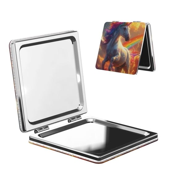 Easygdp Rainbow Sunset Cloud White Horse Travel Makeup Mirror, 2X Magnifying Mirror 2-Sided Travel Essential Mirror, Magnetic Portable Mirror-Square