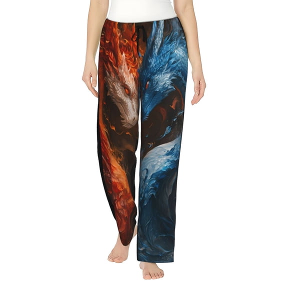 Easygdp Red And Blue Fire Dragon F Women's Drawstring Pajama Pants | Lounge Joggers Sweatpants | Comfy Sleepwear | Yoga Pants-Small