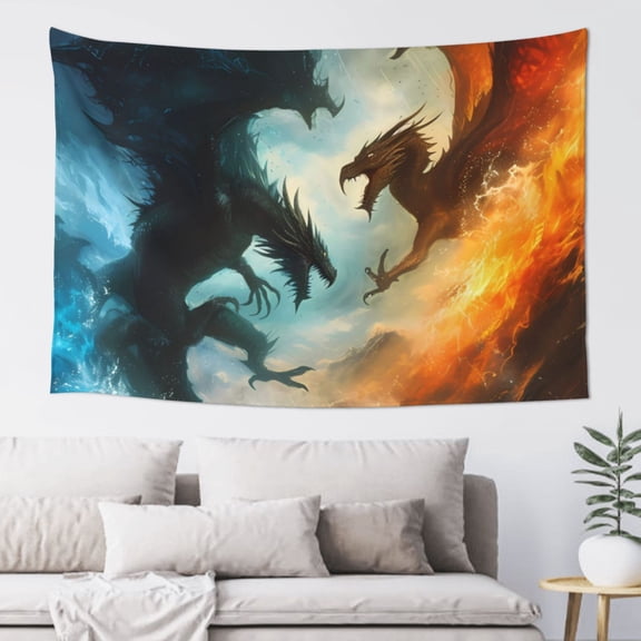 Easygdp Red And Blue Flame Wave Dragon Tapestry Wall Hanging, Wall Tapestries for Bedroom Aesthetic Living Room Office Decor 60x40in