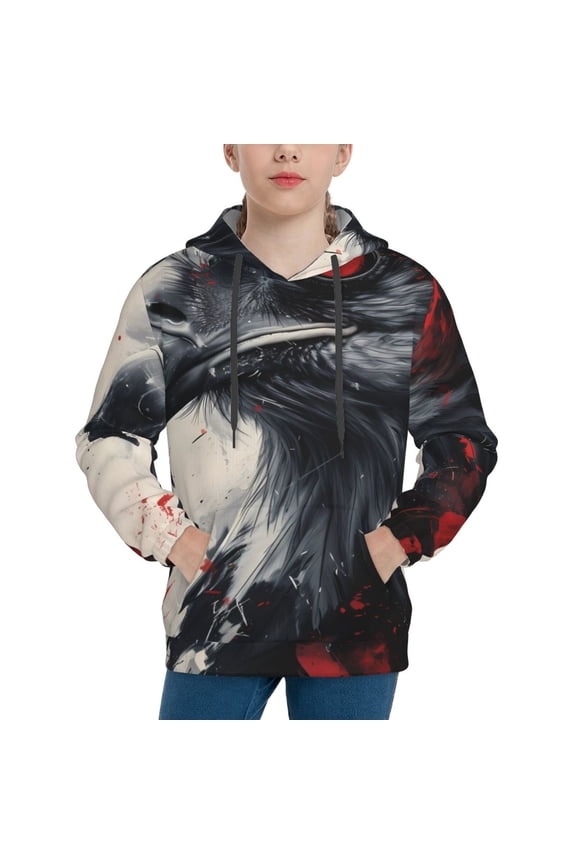 Red Black Ink Style Bald Eagle Boys Hoodie Kids Sweatshirt Youth Pullover With Hood-Small
