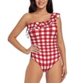 thumbnail image 1 of Easygdp Red Checkboard Women's One Shoulder Ruffle Monokini Bathing Suits with Removable Chest Pad, Quick Drying - XX-Large, 1 of 8