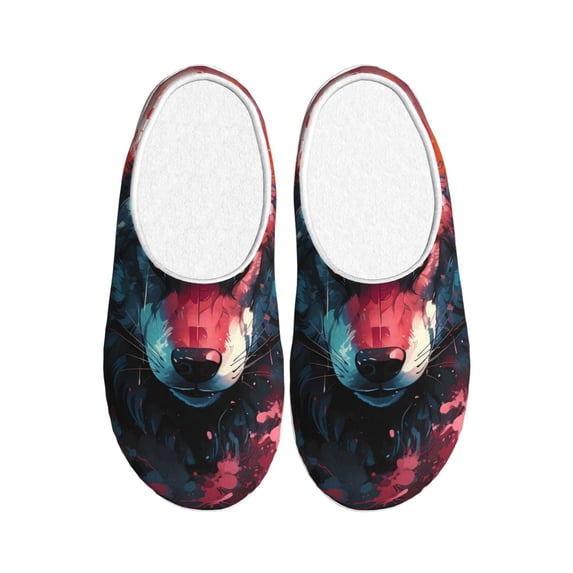 Easygdp Red Flame Wolf Head Slippers for Women Mens Winter Warm Home Slippers Plush Slip on House Slippers for Indoor Outdoor Shoes-46/47