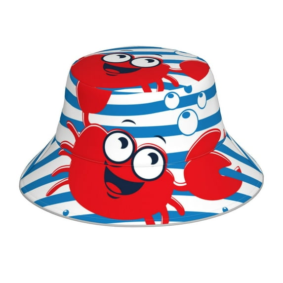 Easygdp Red Funny Crab On Blue Stripe Double-Sided Reflective Fisherman Hat,Sun Visor,Casual Hat,Fluorescent Hat,Suitable For Outdoor And Night Walking,Unisex