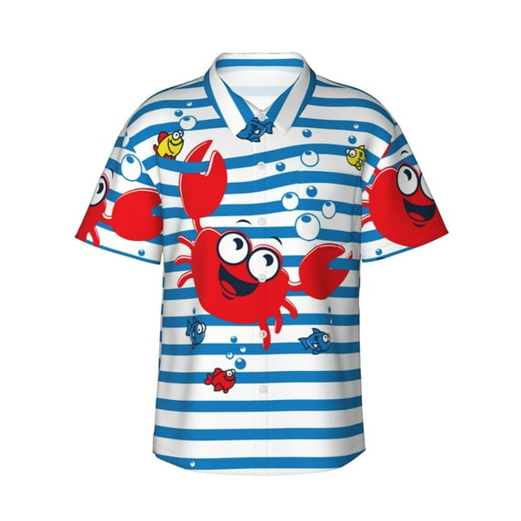 Easygdp Red Funny Crab on Blue Stripe Men's Hawaiian Shirts Print Lapel Short Sleeve for Beach, vacation, party, casual occasions - Medium