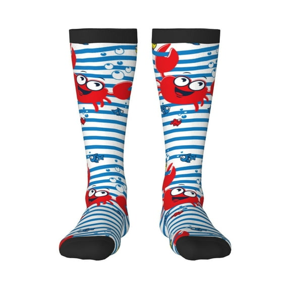 Easygdp Red Funny Crab on Blue Stripe Soccer Socks Sport Knee High Socks Calf Compression Athletic Socks for Men and Women