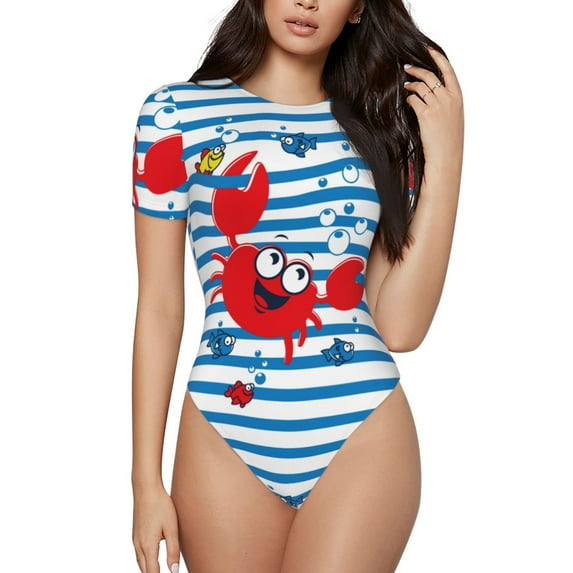 Easygdp Red Funny Crab on Blue Stripe Women's One-Piece Swimsuit Slim Fit Crew Neck Bodysuit Athletic Swimwear with Concealed Buckle - XX-Large
