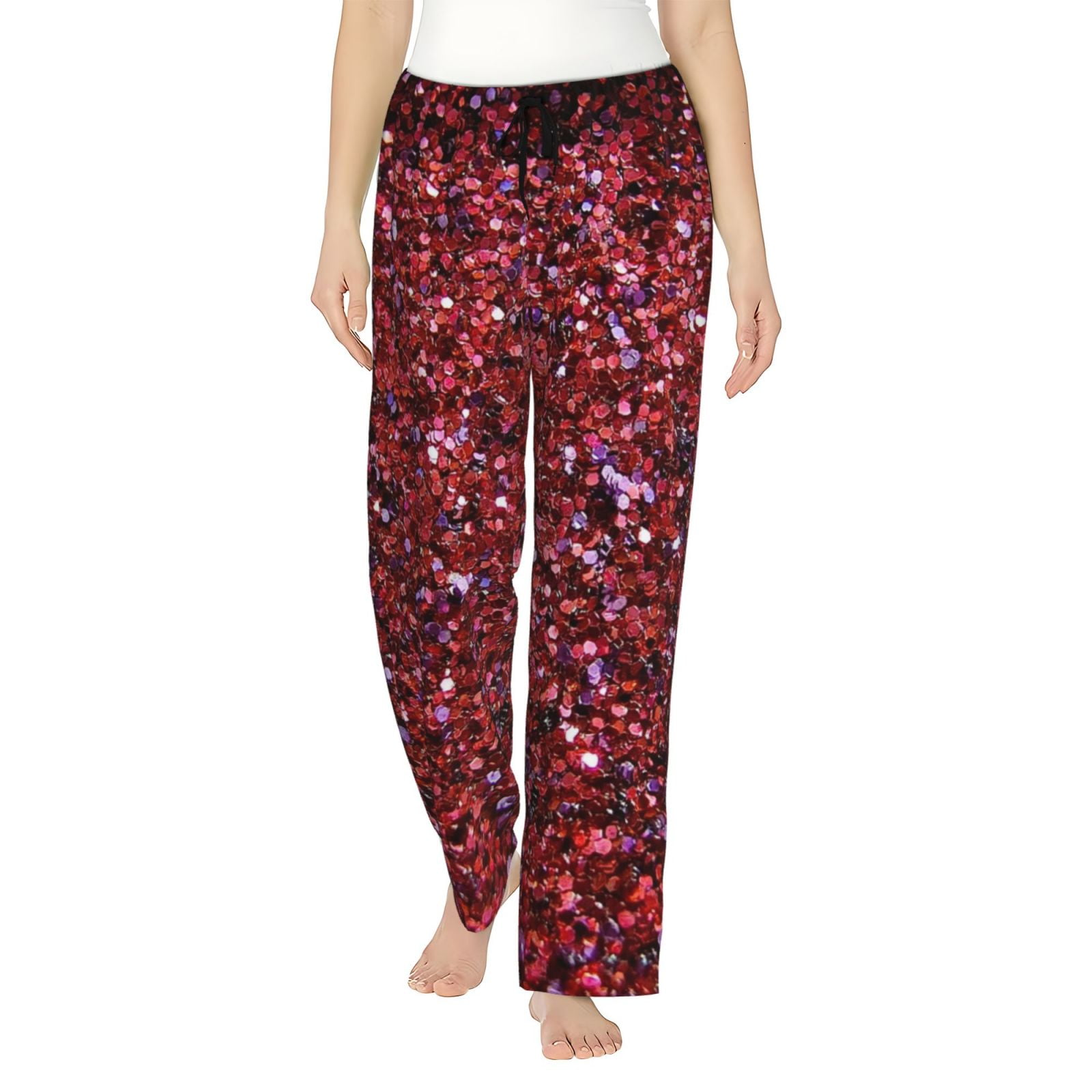 Easygdp Red Glitter Women's Drawstring Pajama Pants Lounge Joggers